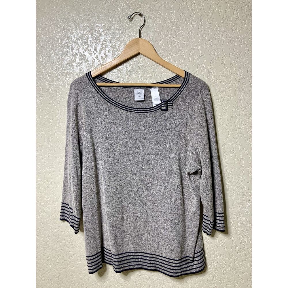 Vintage Emma James Knit Sweater 1X Gray & Navy Striped 3/4 Sleeve Office